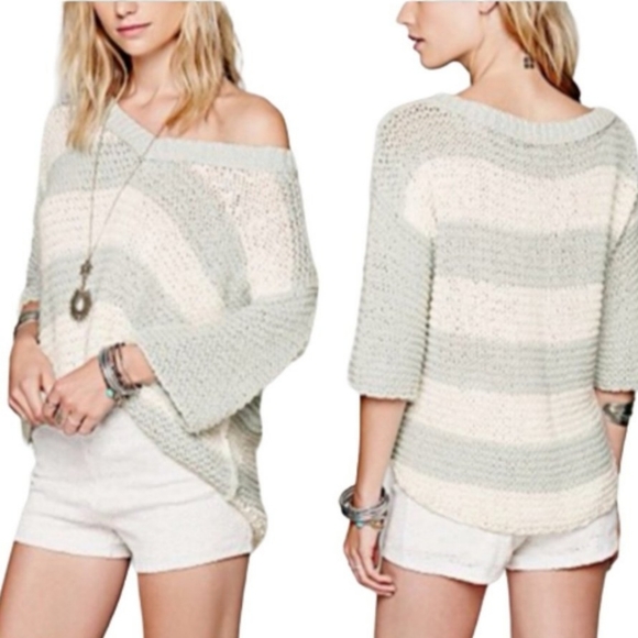 Free People Park Slope Mint & Ivory Striped Oversized Slouchy Hi-Low Sweater, XS - Picture 15 of 16